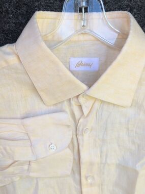 Brioni Dress Shirt Mens 43 17 Yellow Chevron White Striped Linen Button Up Italy